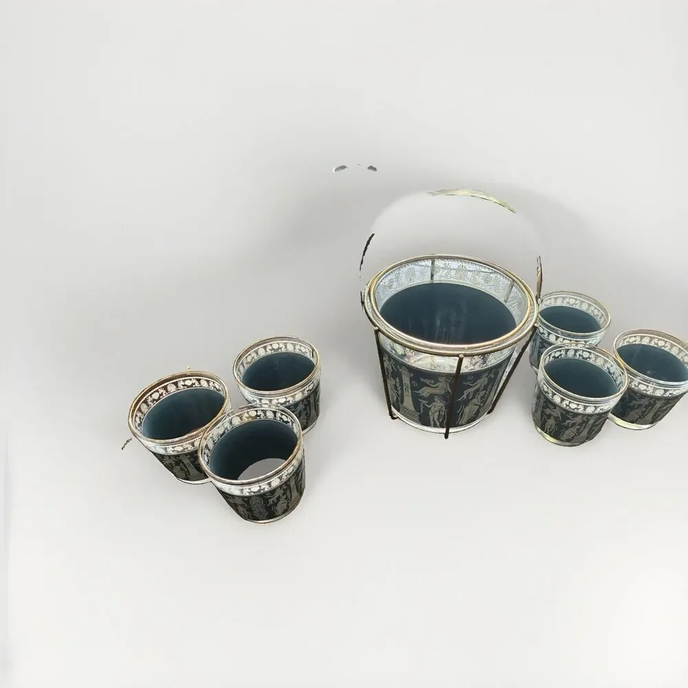 Vintage Greek Key Ice Bucket & 6 Rocks Glasses Grecian Gods MCM Barware Set